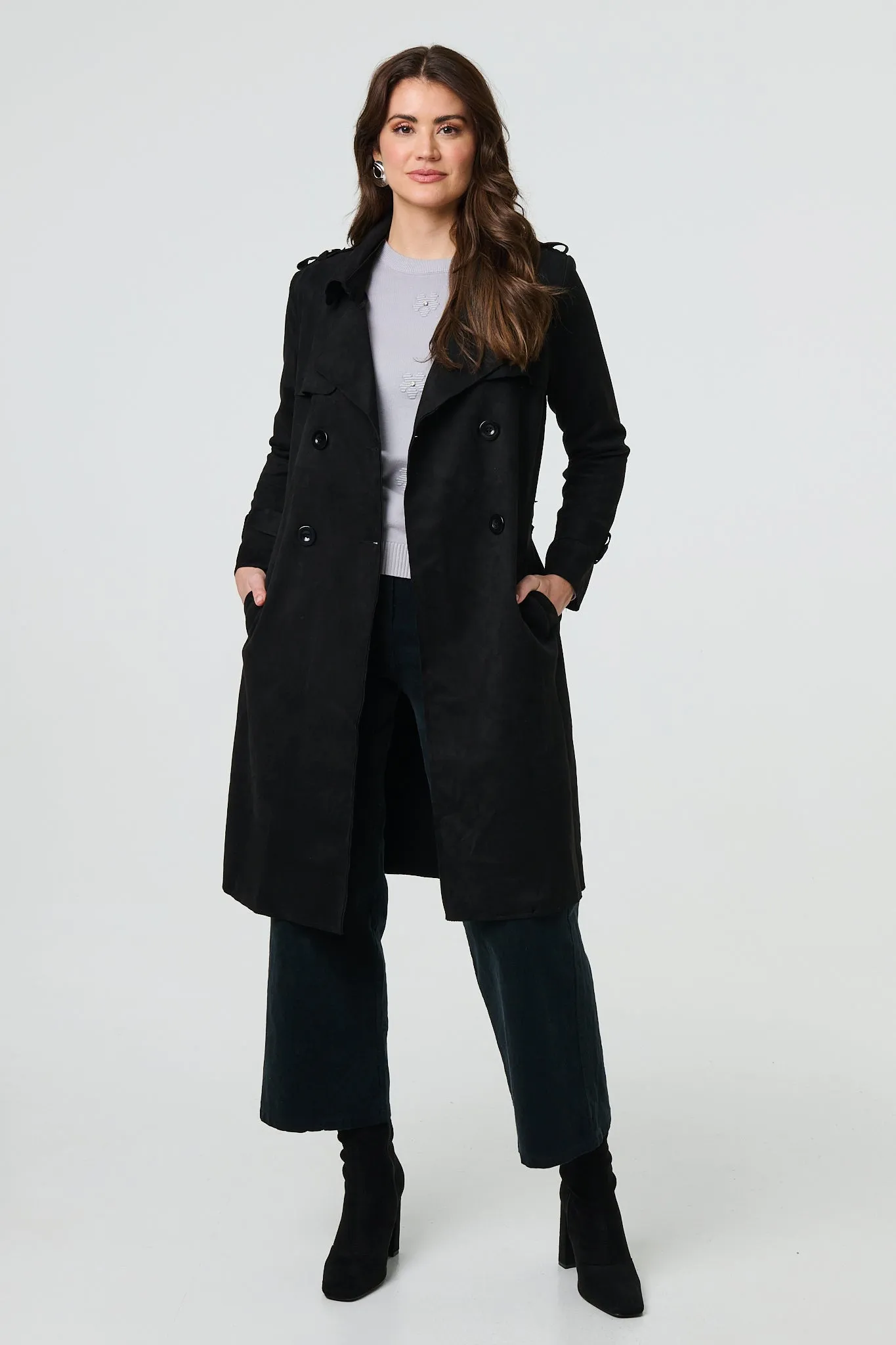 Suede Tie Waist Button Front Trench Coat