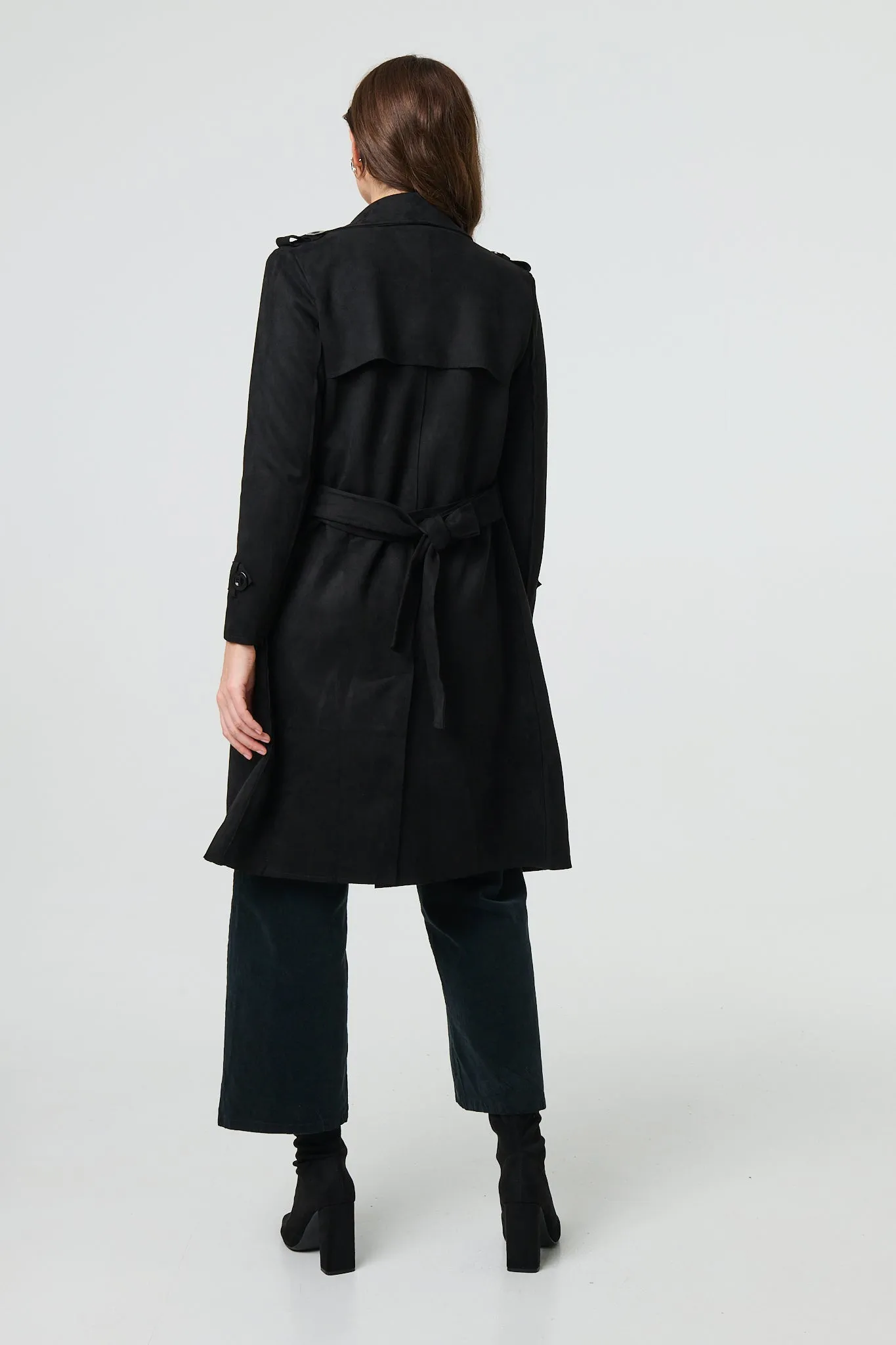 Suede Tie Waist Button Front Trench Coat