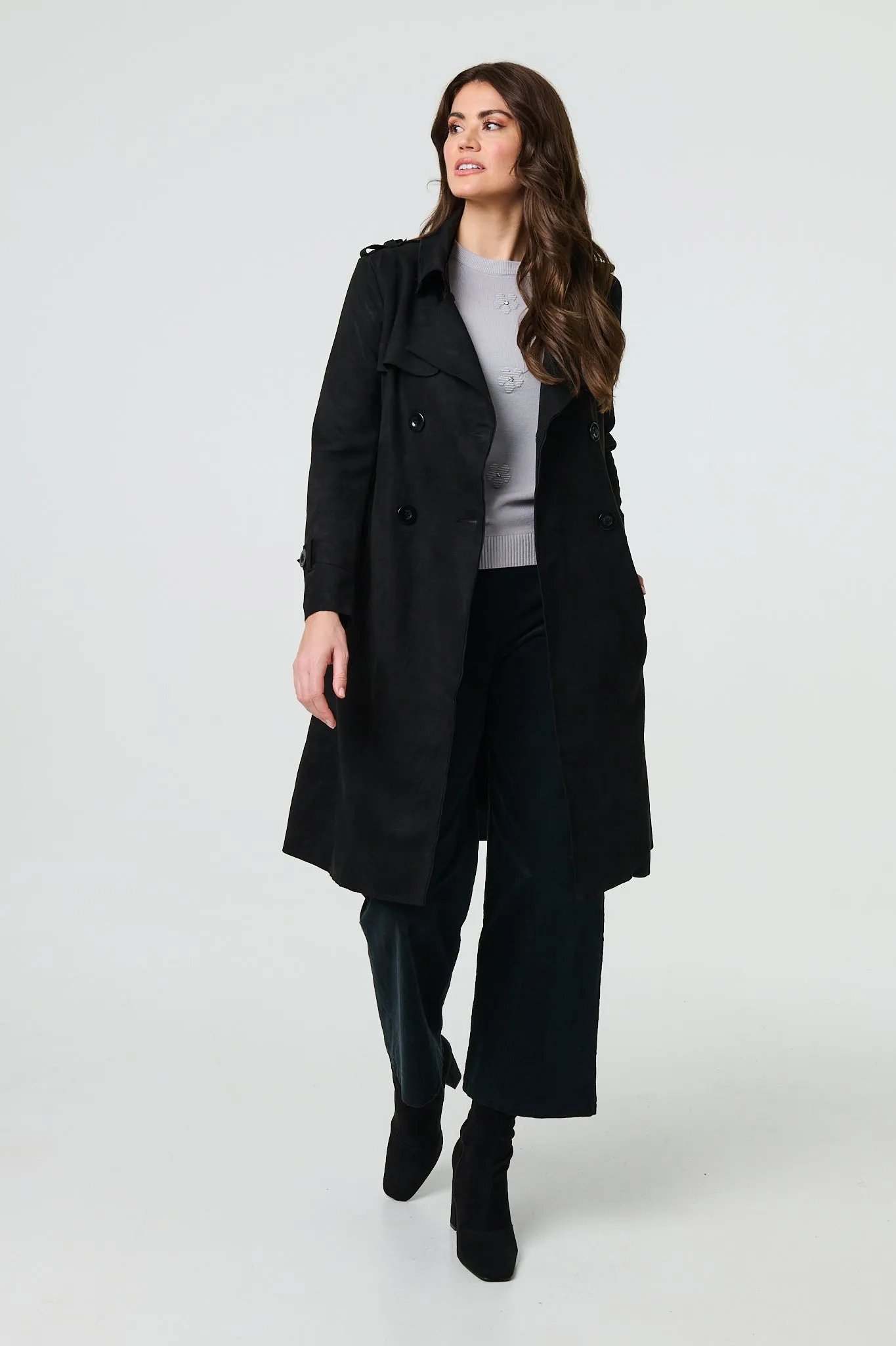 Suede Tie Waist Button Front Trench Coat