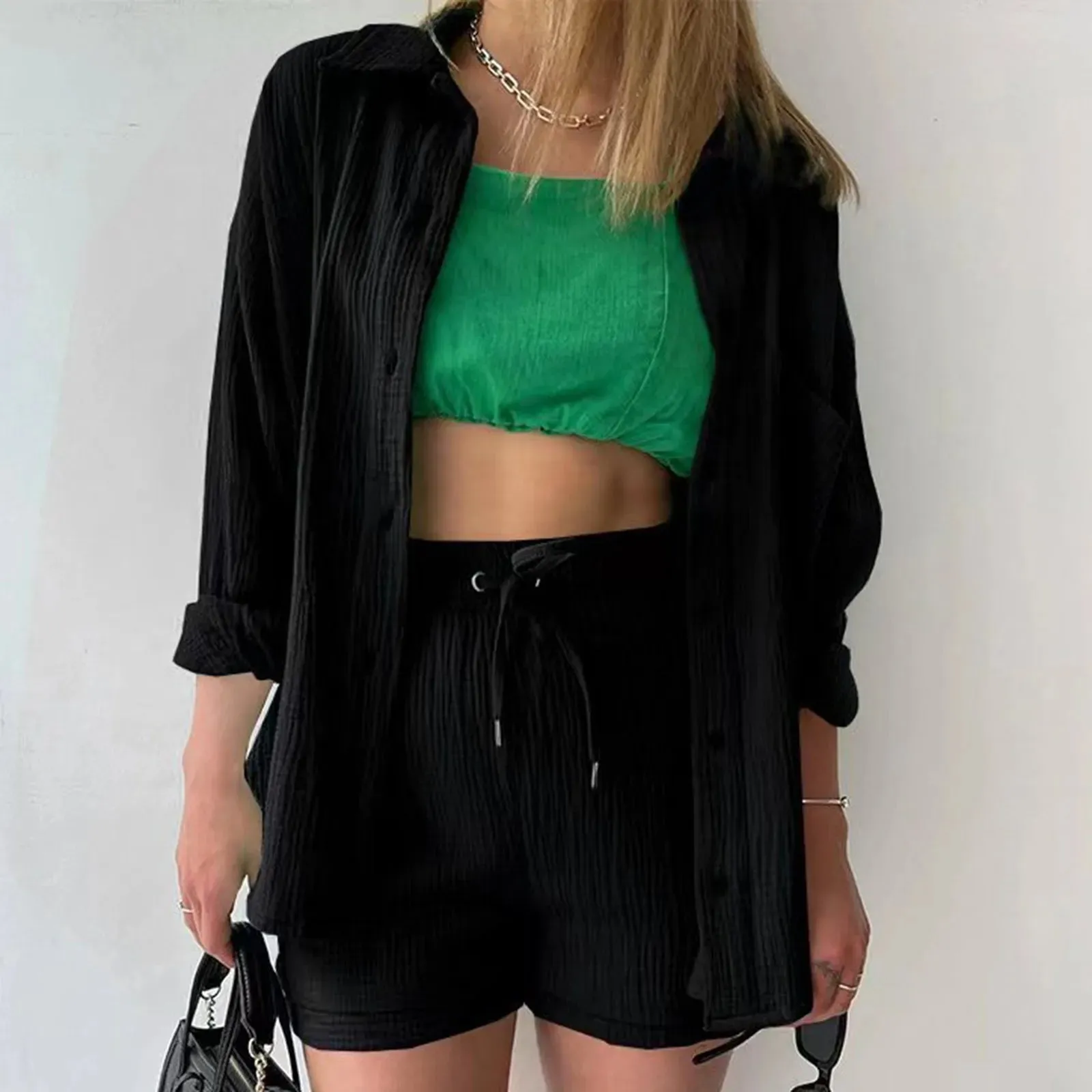 Summer Fashion Casual Holiday Boho Long Sleeve Basic Shirt Top Shorts Women's Set