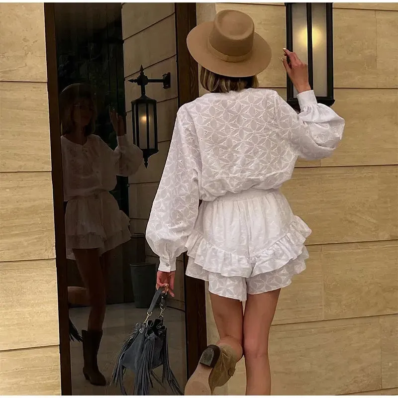 Summer Stand Collar White Blouse Suit Casual Vacation Mini Dress