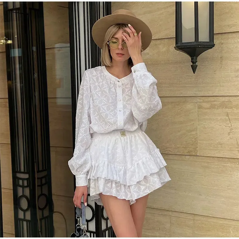 Summer Stand Collar White Blouse Suit Casual Vacation Mini Dress