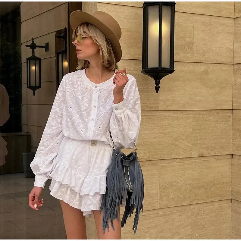 Summer Stand Collar White Blouse Suit Casual Vacation Mini Dress