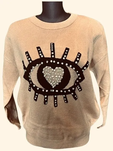 TAN EYE LASH BLING SWEATER