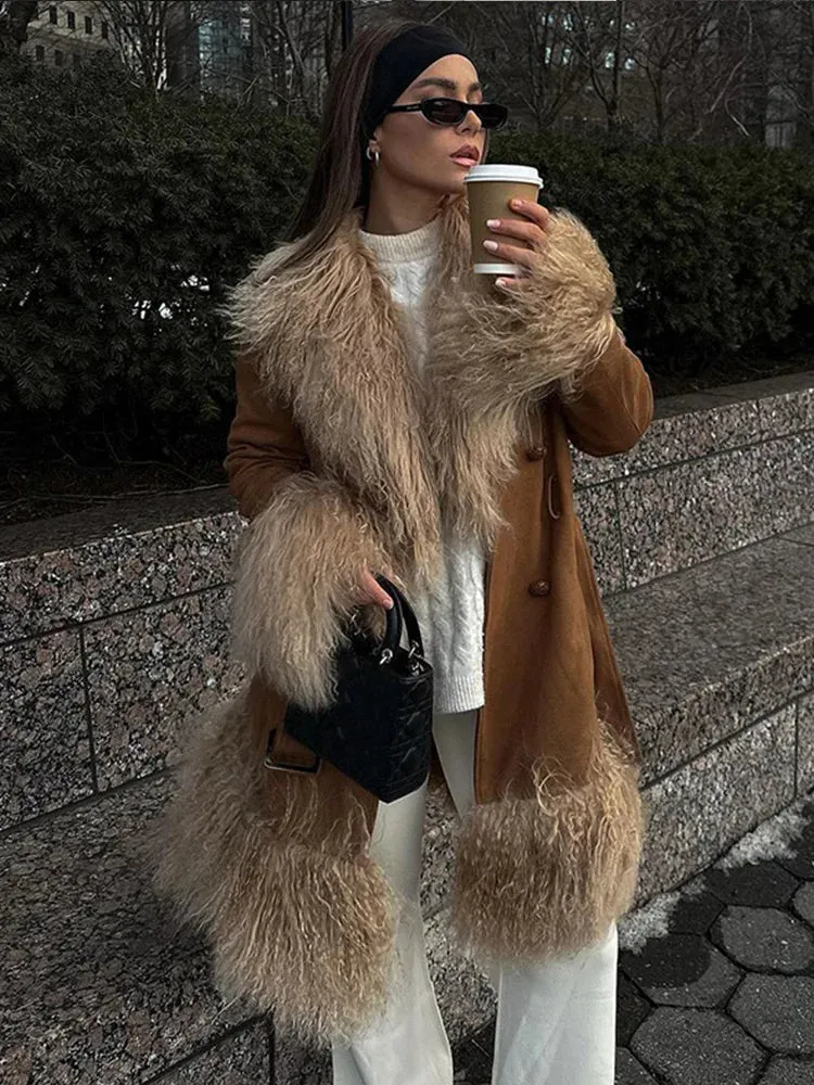 TAVIMART  -  Suede And Fur Luxury Coat Women Plush Double Breasted Chic Turn-down Collar Belts Thick Outerwear Vintage Warm Feather Overcoat