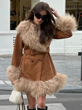 TAVIMART  -  Suede And Fur Luxury Coat Women Plush Double Breasted Chic Turn-down Collar Belts Thick Outerwear Vintage Warm Feather Overcoat