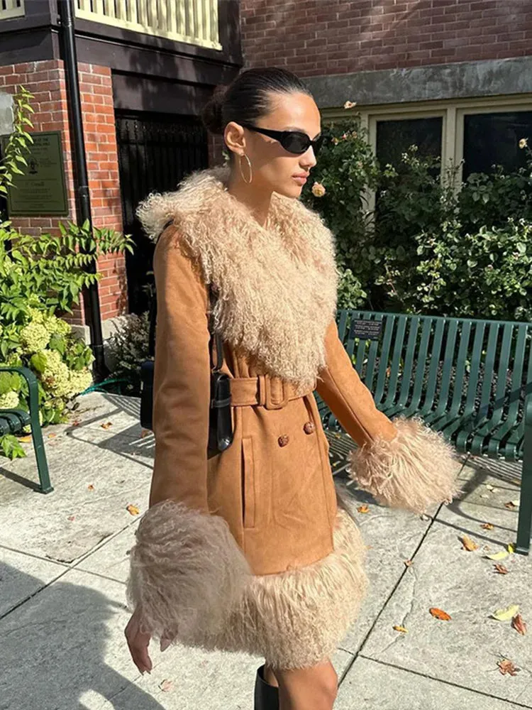 TAVIMART  -  Suede And Fur Luxury Coat Women Plush Double Breasted Chic Turn-down Collar Belts Thick Outerwear Vintage Warm Feather Overcoat