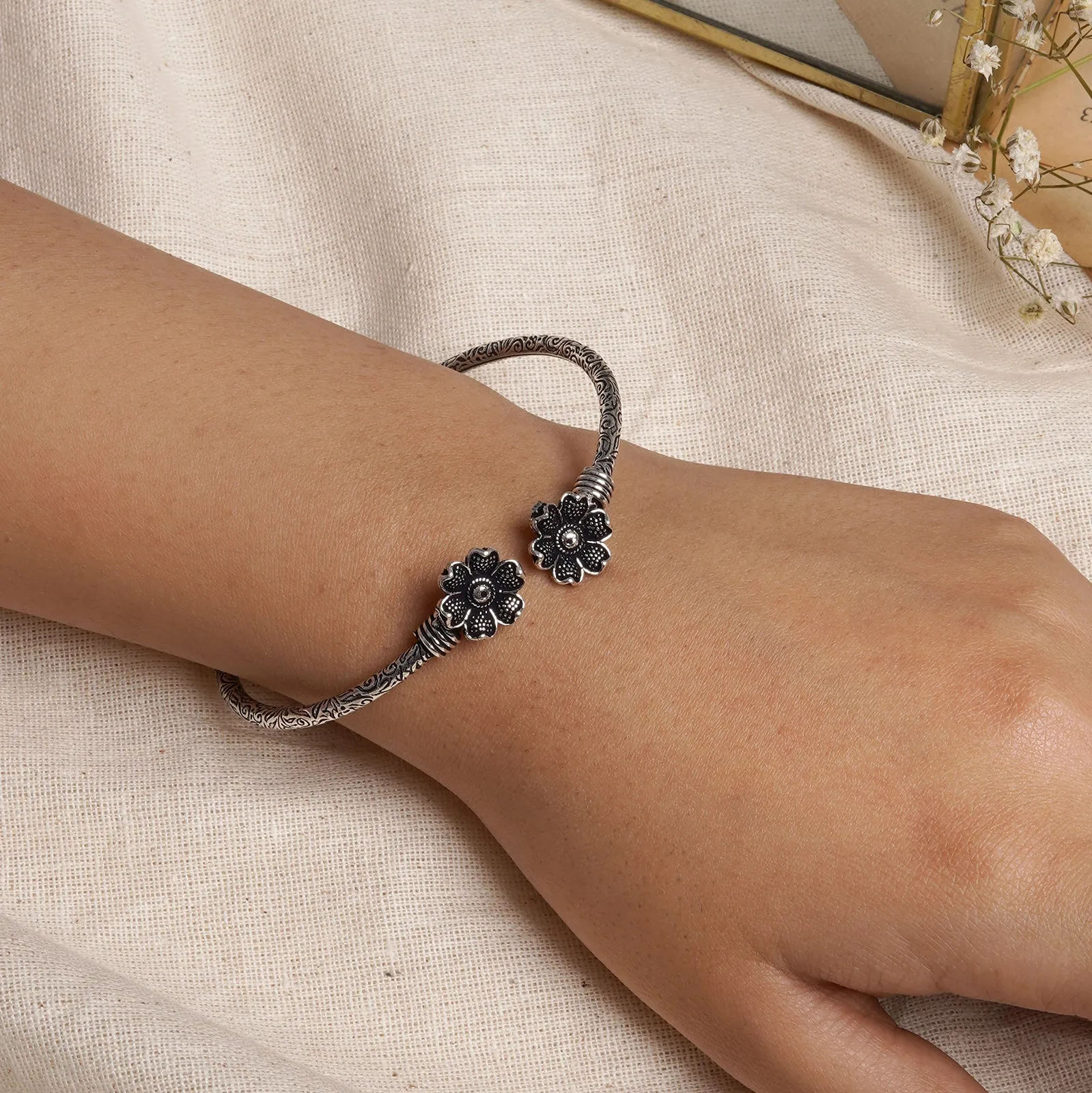 Teejh Aastha Silver Oxidised Floral Bracelet