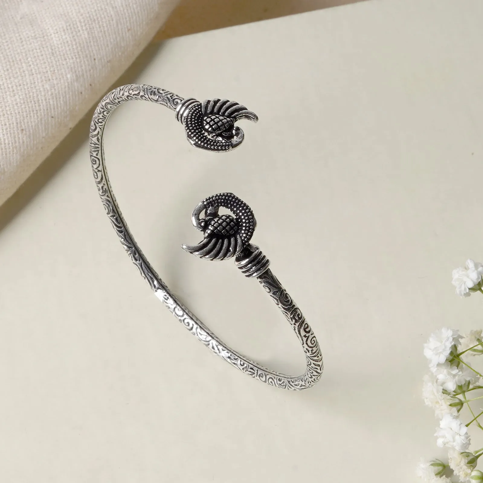 Teejh Aastha Silver Oxidised Peacock Bracelet