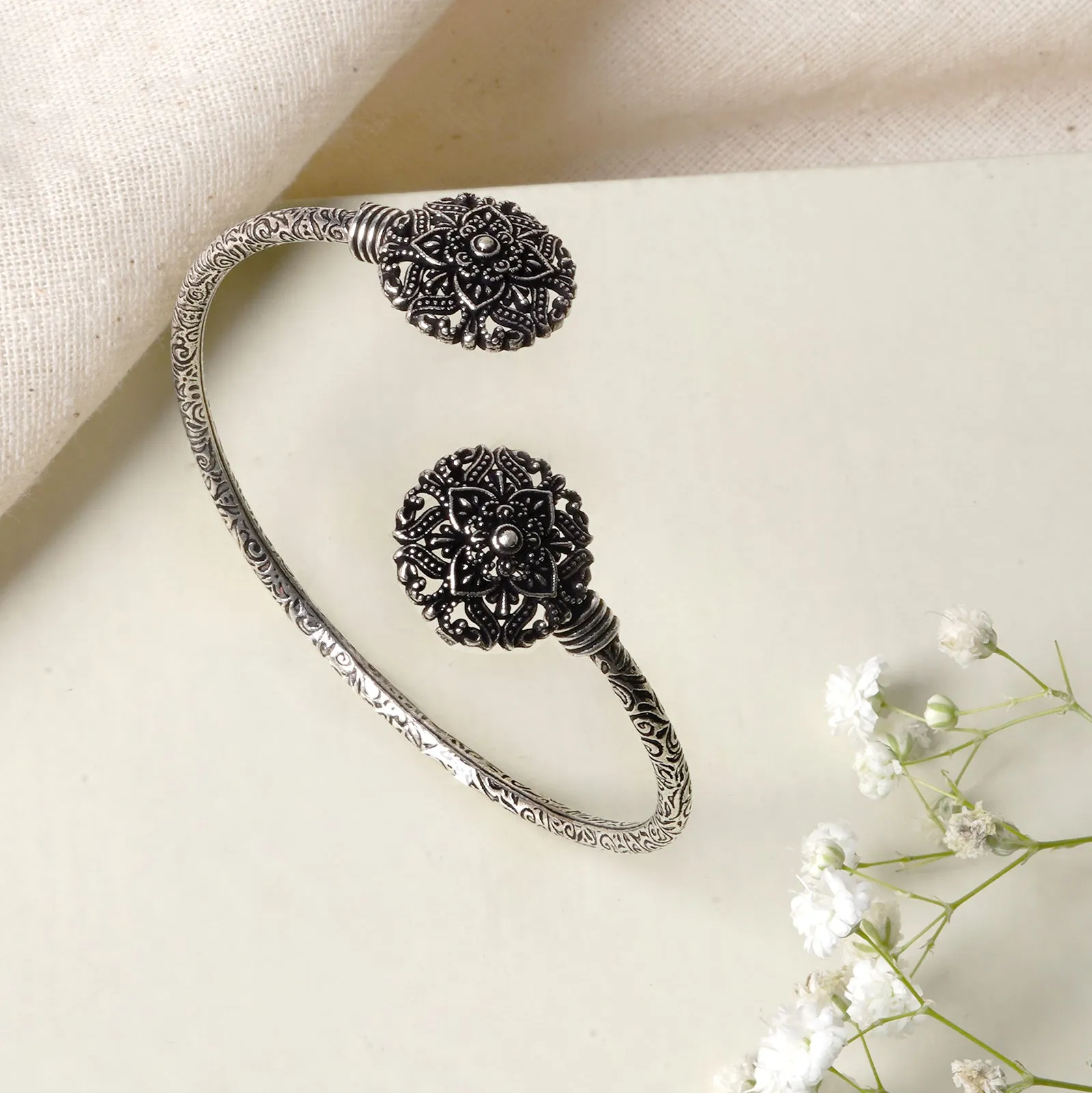 Teejh Akansha Silver Oxidised Floral Bracelet