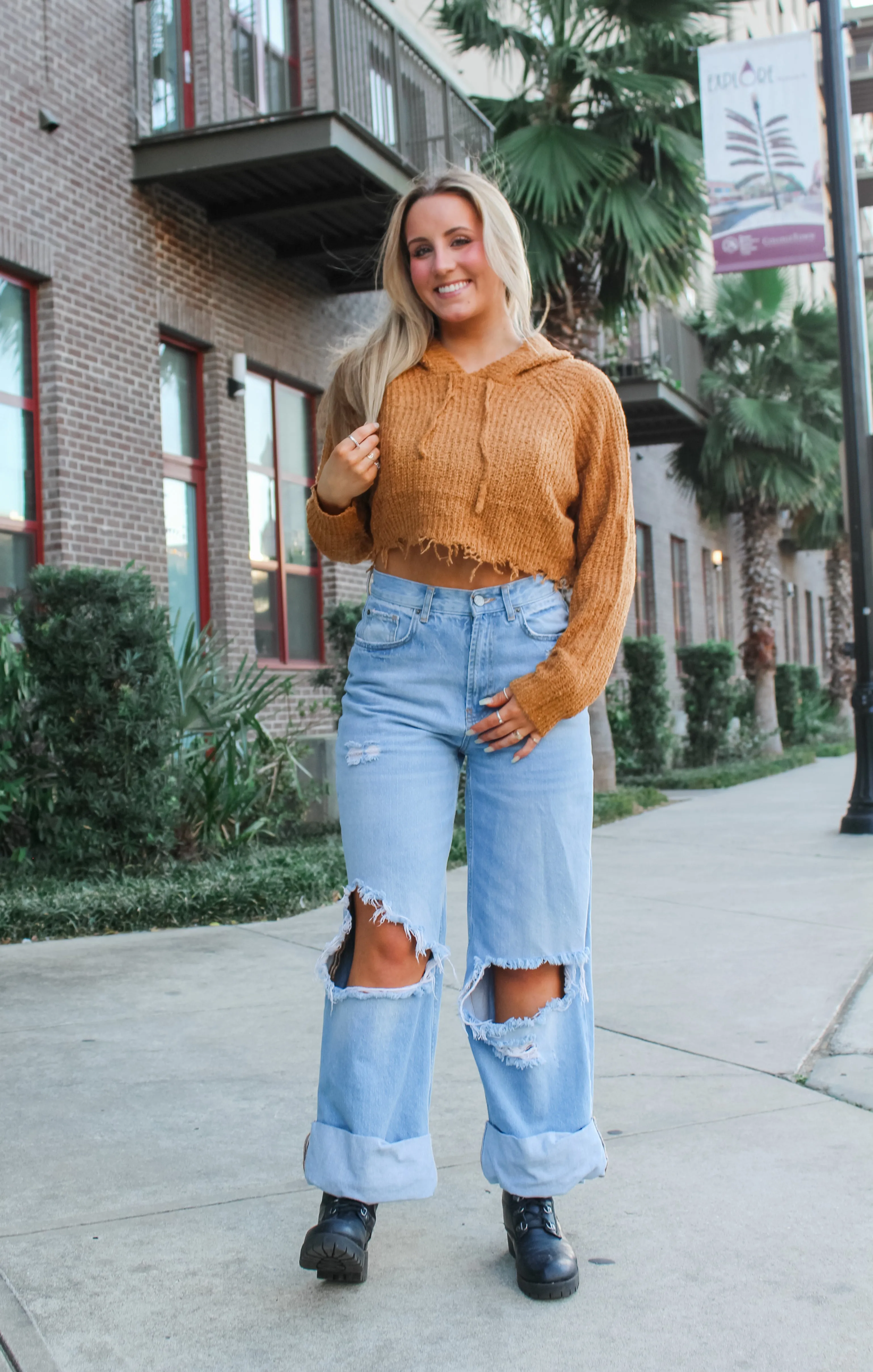 The Distressed Crop Sweater Hoodie (Gold)