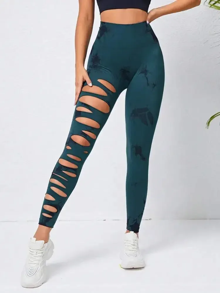 Tie Dye Yogo Gym Leggings Women Seamless Sport Tights Leggings High Waist Hollow Out Butt Lift Workout Trainning Jogging Pants