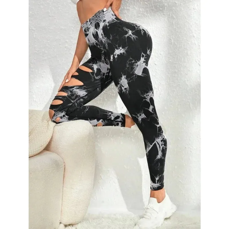 Tie Dye Yogo Gym Leggings Women Seamless Sport Tights Leggings High Waist Hollow Out Butt Lift Workout Trainning Jogging Pants