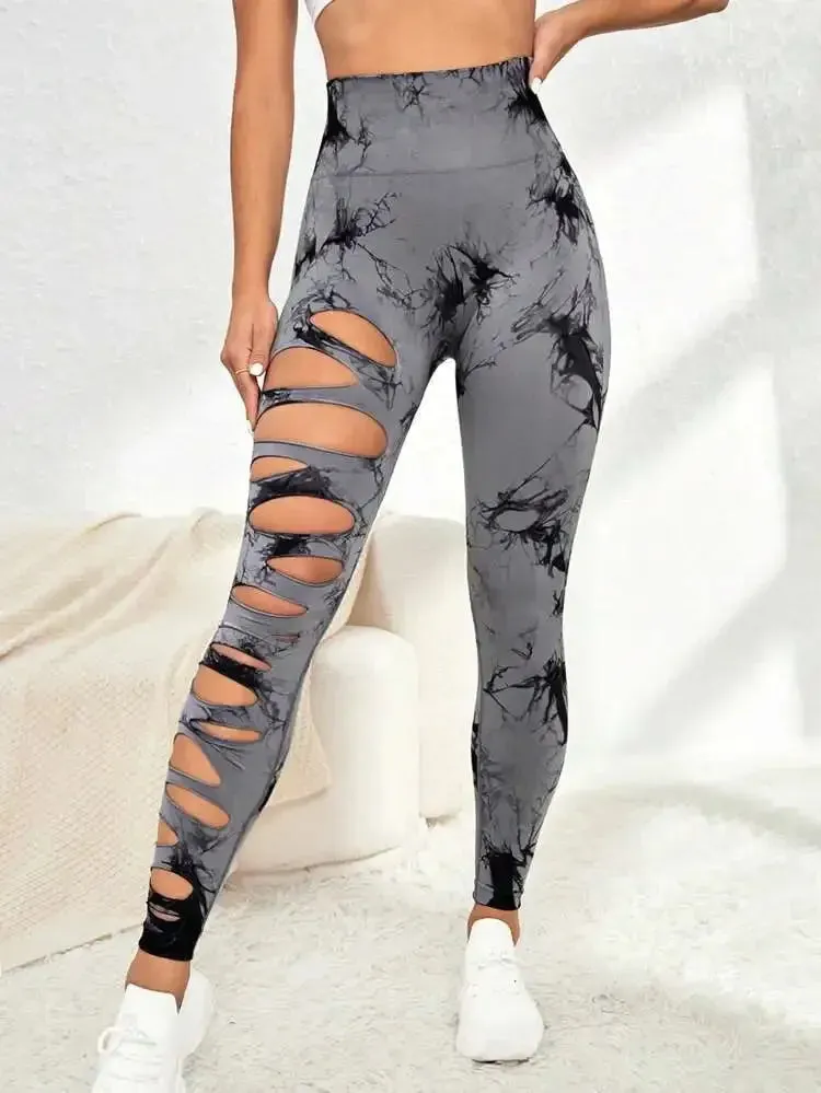 Tie Dye Yogo Gym Leggings Women Seamless Sport Tights Leggings High Waist Hollow Out Butt Lift Workout Trainning Jogging Pants