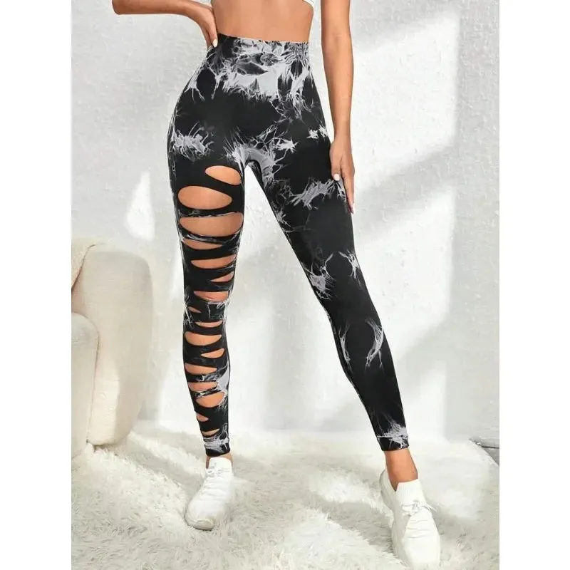 Tie Dye Yogo Gym Leggings Women Seamless Sport Tights Leggings High Waist Hollow Out Butt Lift Workout Trainning Jogging Pants