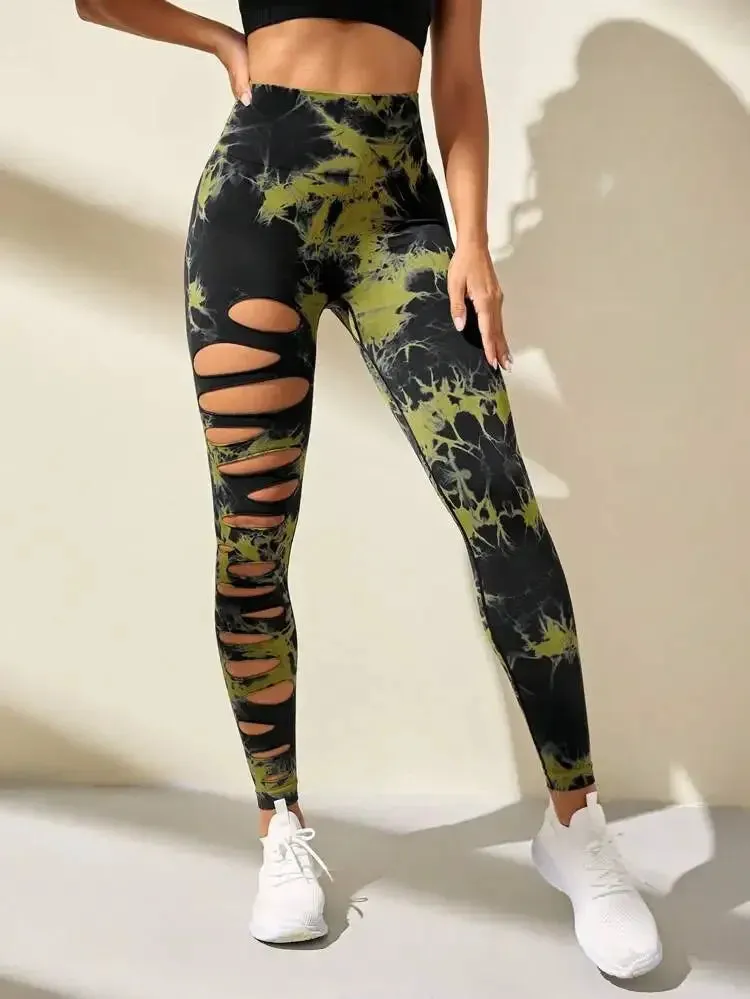 Tie Dye Yogo Gym Leggings Women Seamless Sport Tights Leggings High Waist Hollow Out Butt Lift Workout Trainning Jogging Pants