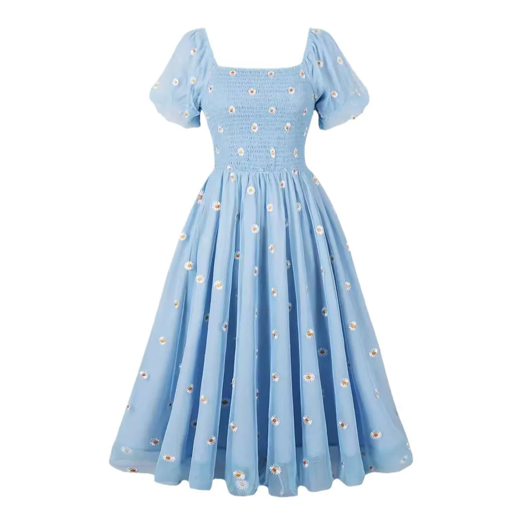 Toleet alien invasion dress to impress New Casual Embroidered Square Collar Sunflower Large Swing French Tea Break Dress