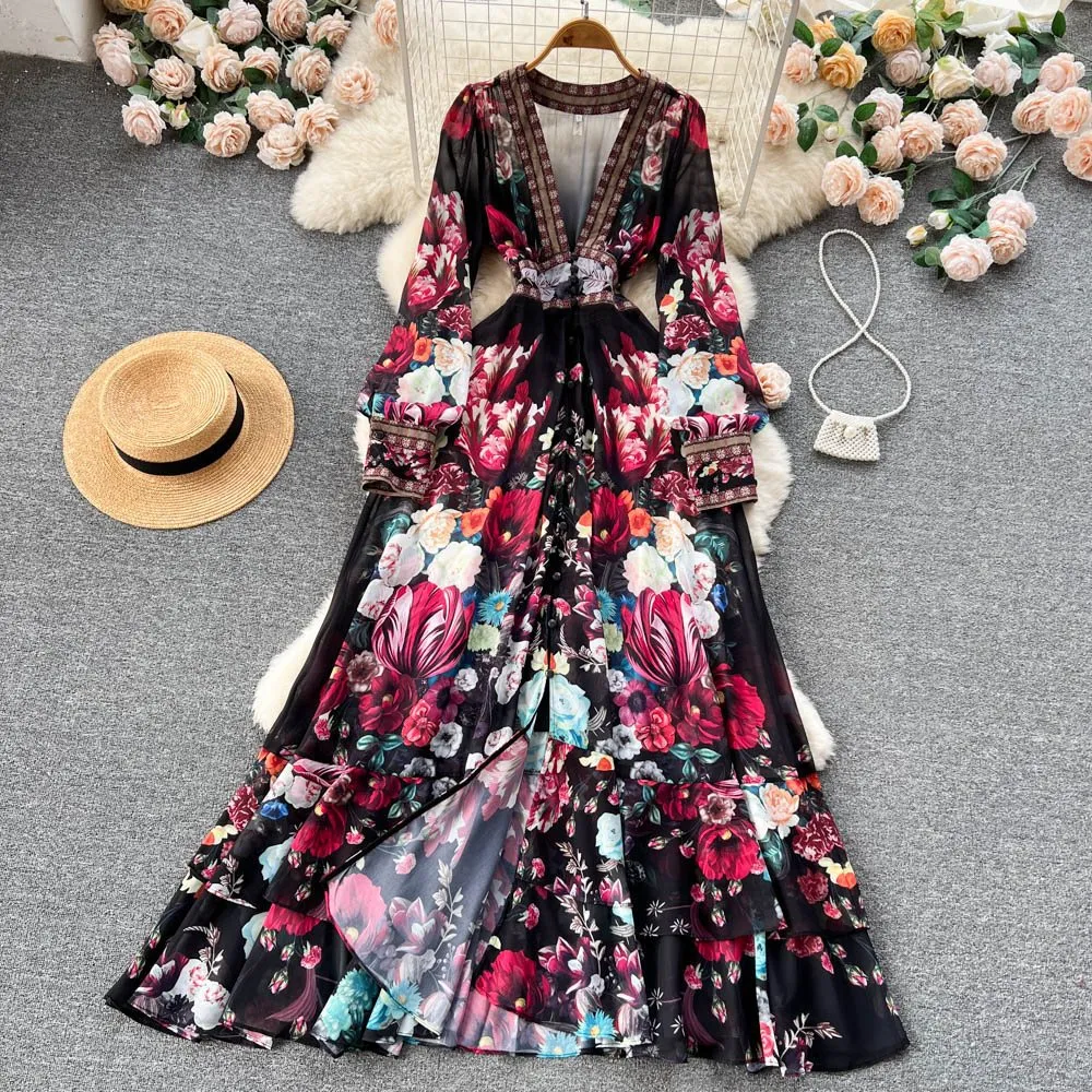 Toleet skeleton dress to impress boho Autumn French Court Style Elegant Slimming French Chiffon Mesh Dress Women's Large Swing A- line Printed Long Skirt