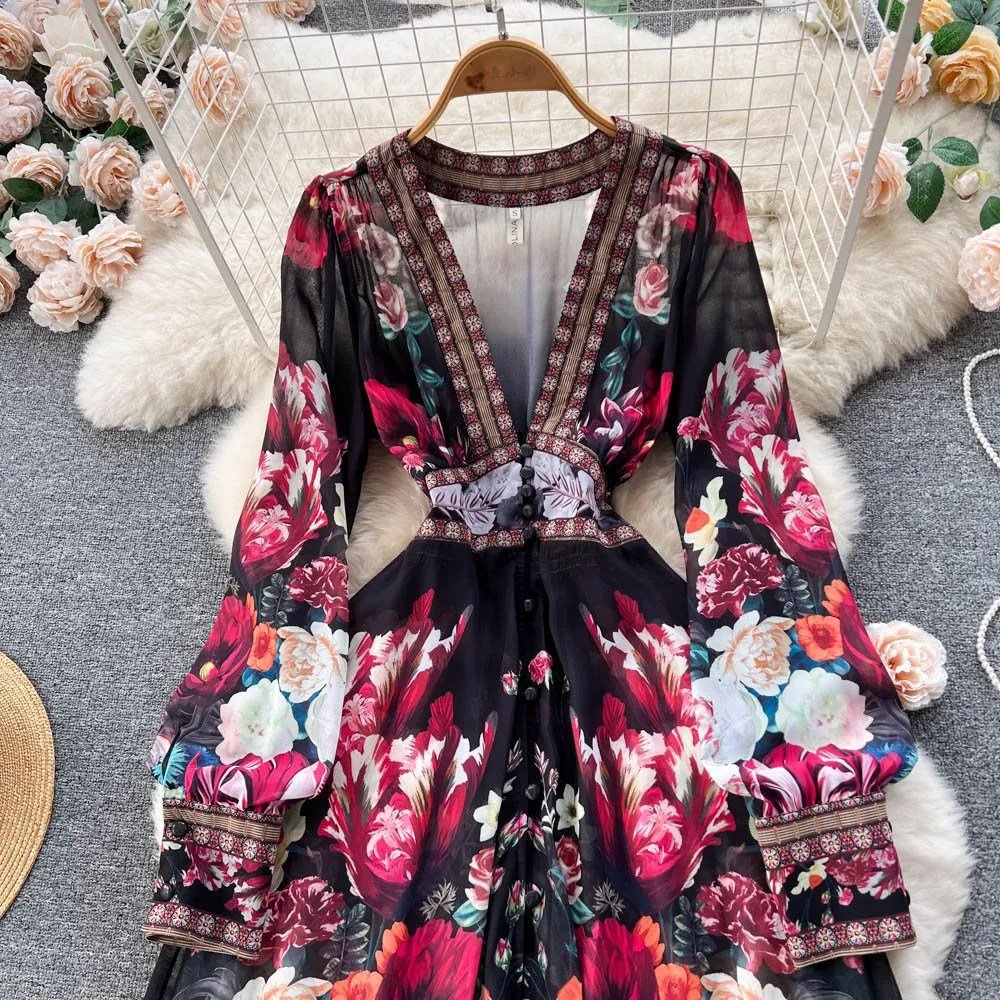 Toleet skeleton dress to impress boho Autumn French Court Style Elegant Slimming French Chiffon Mesh Dress Women's Large Swing A- line Printed Long Skirt