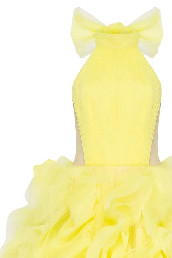 Turtleneck festive yellow evening gown