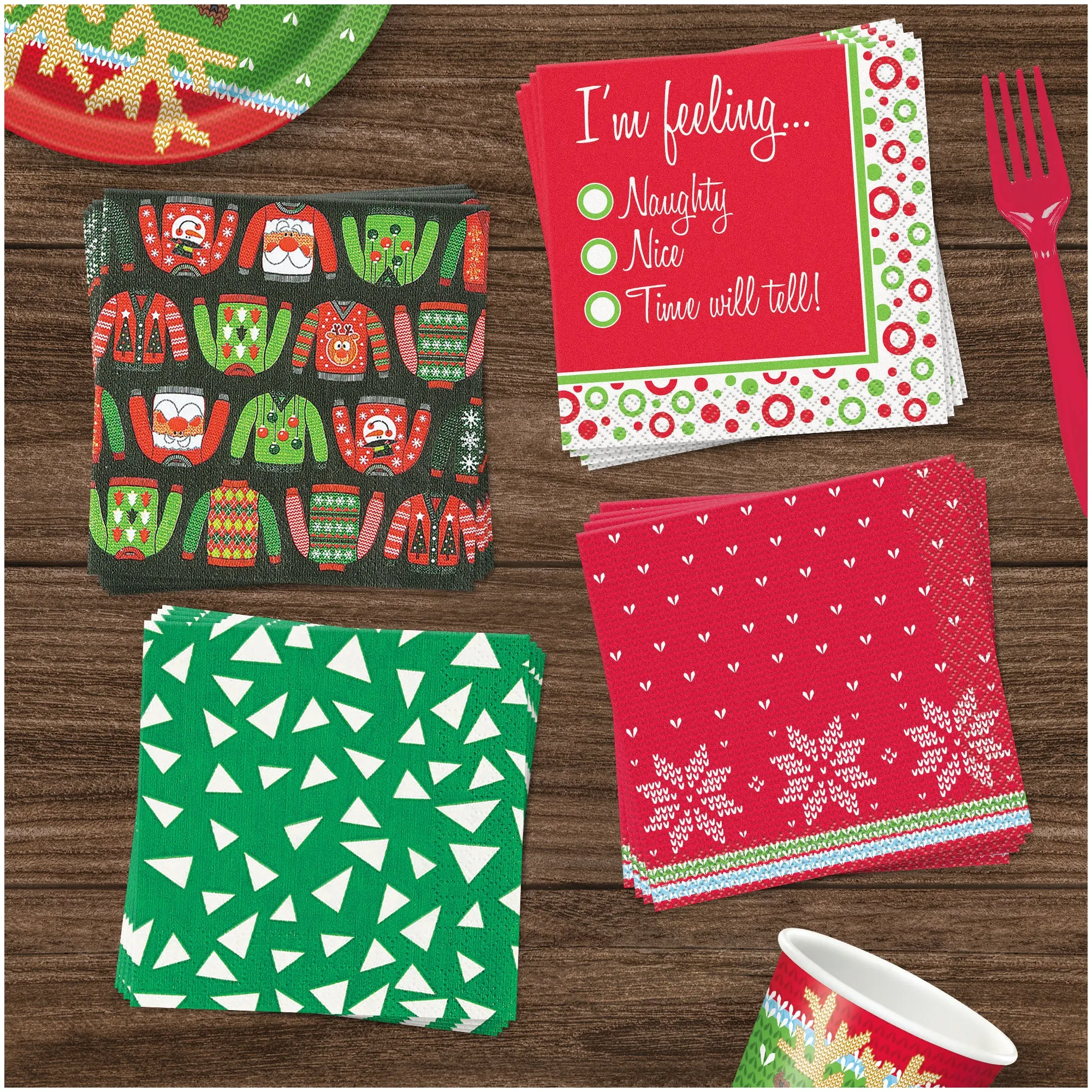 Ugly Sweater Christmas Party Supplies - 4 Sets (Serves 16 Count of Each Design, 64 Total)