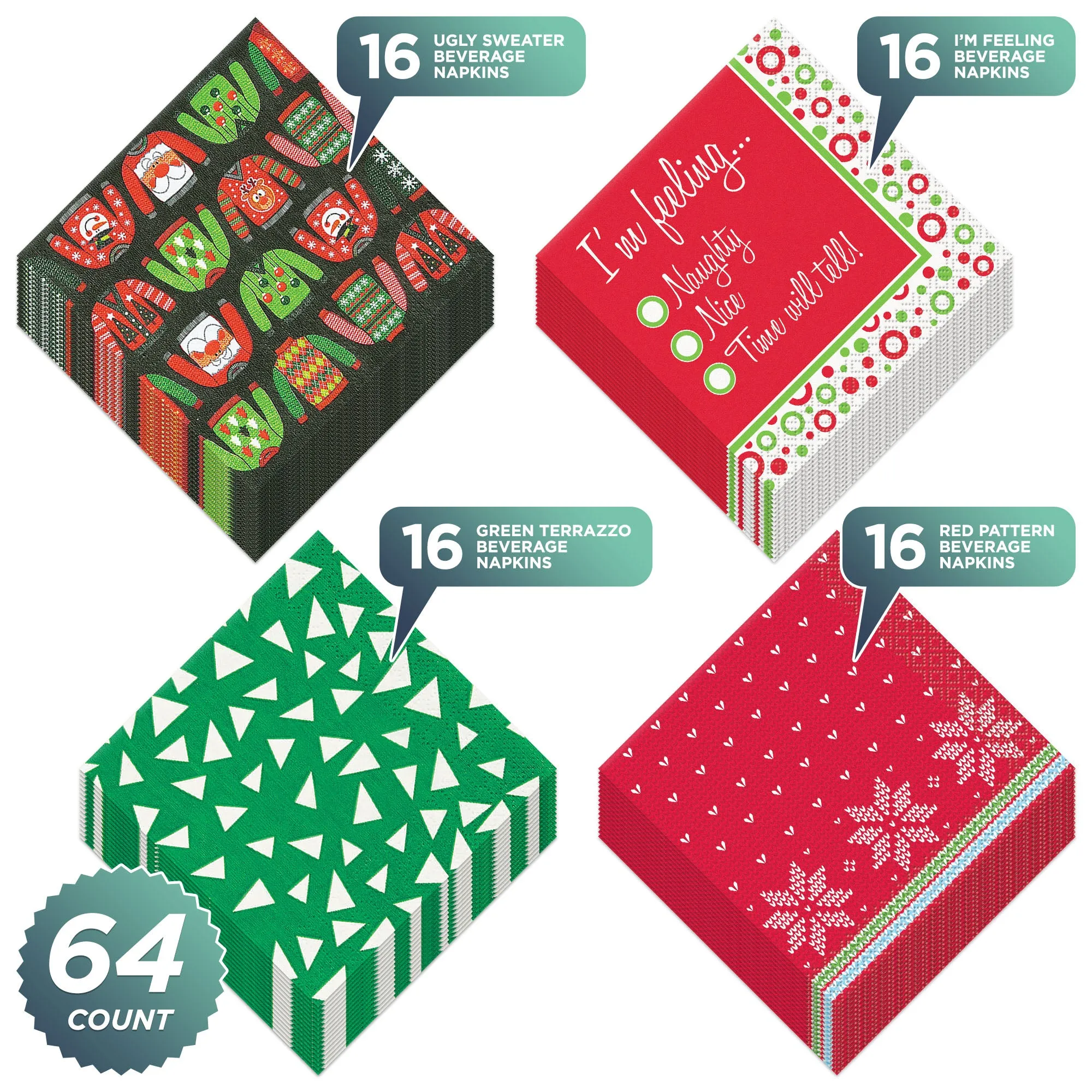 Ugly Sweater Christmas Party Supplies - 4 Sets (Serves 16 Count of Each Design, 64 Total)