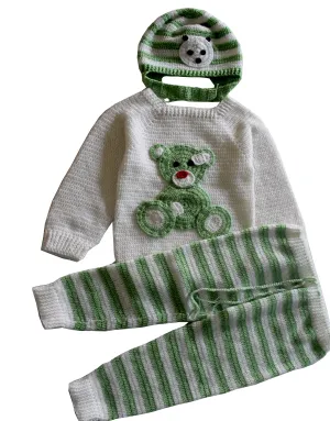 Unique and Beautiful Woollen Teddy Applique Design Handmade Sweater Set - White & Light Green