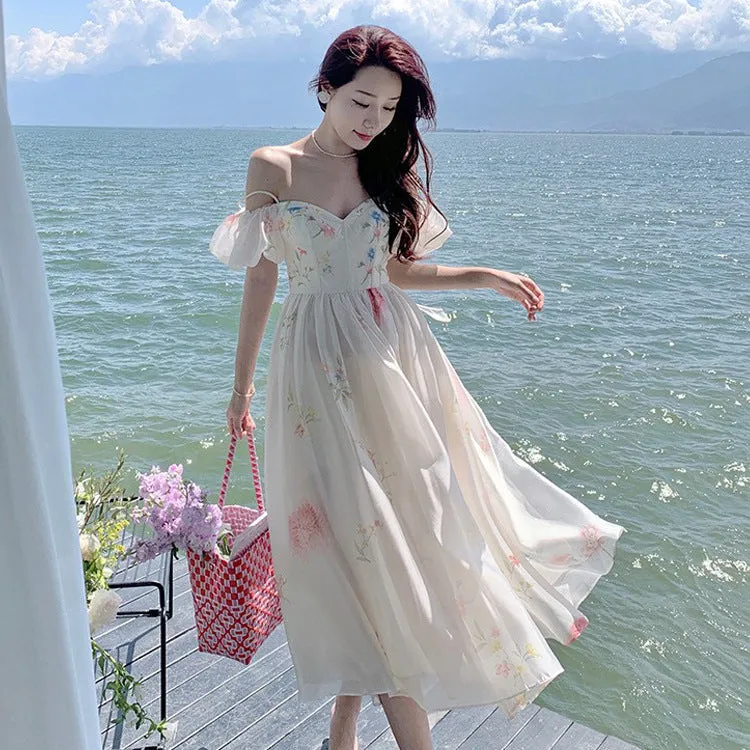 Uniwim cybergoth dress to impress Pink Strap Floral Dress Women's Summer French Elegant Fairy Princess Dress off-Shoulder Puff Sleeve Long Dress