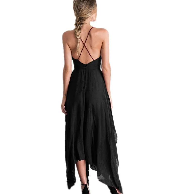 V-neck Irregular sexy shoulder-straps midi dress