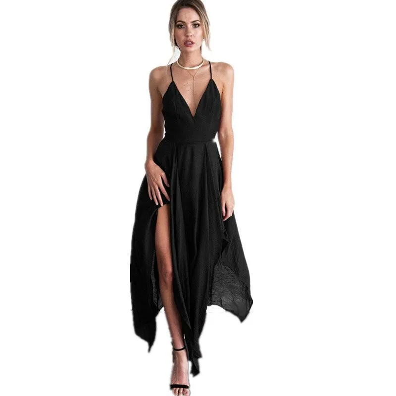 V-neck Irregular sexy shoulder-straps midi dress