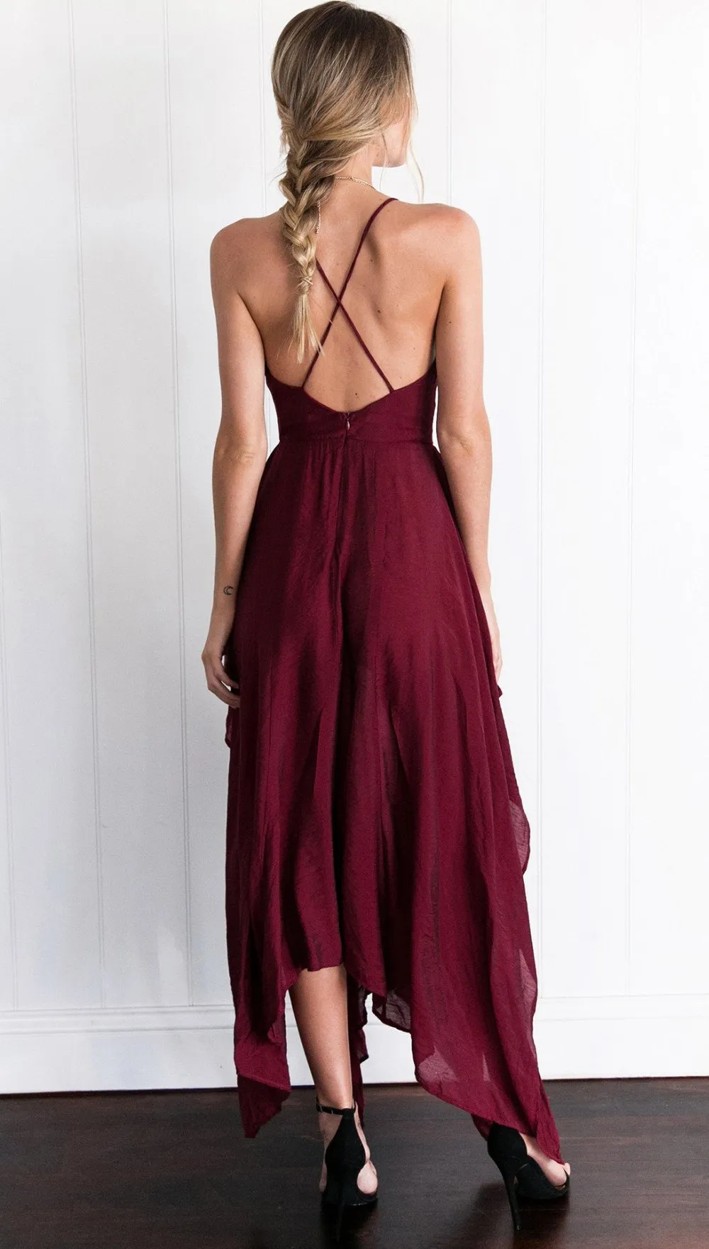 V-neck Irregular sexy shoulder-straps midi dress