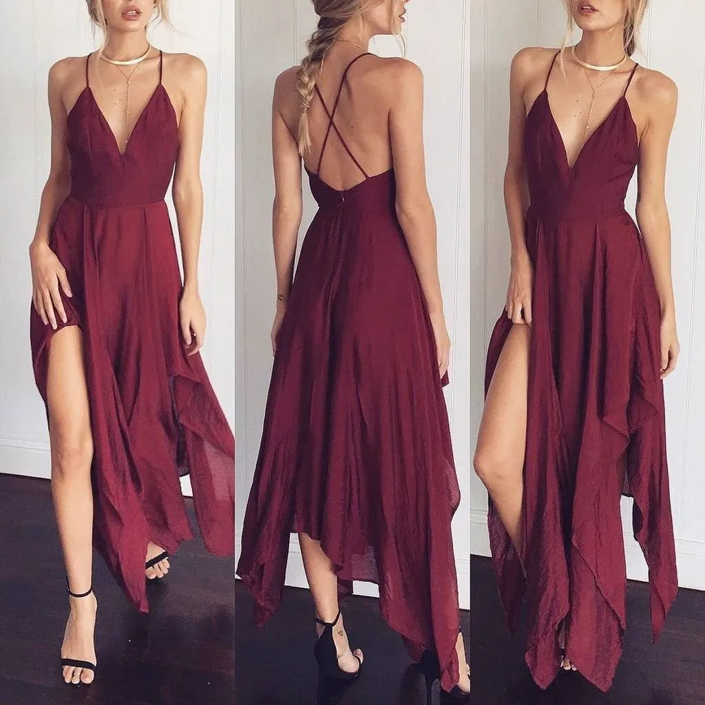 V-neck Irregular sexy shoulder-straps midi dress