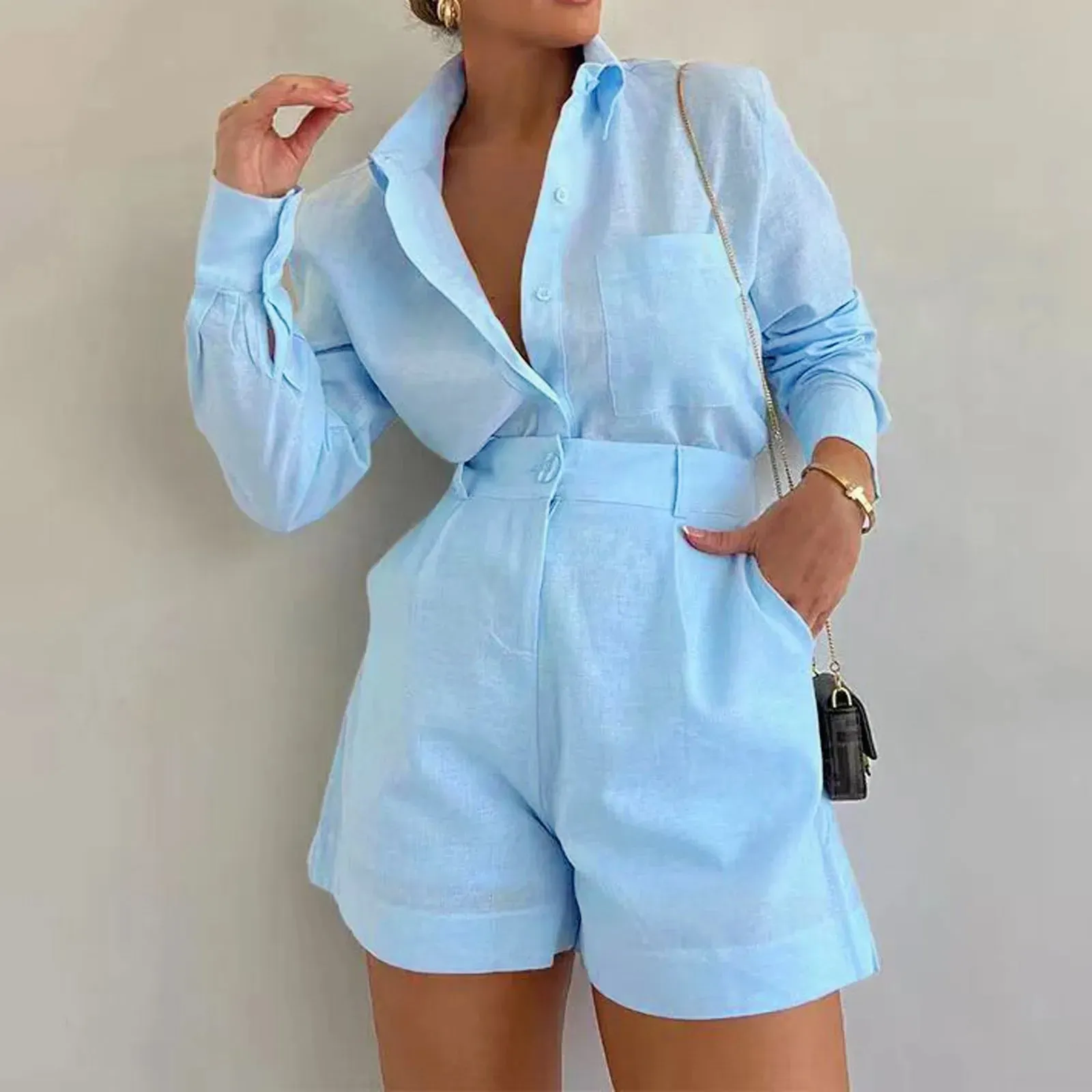 Vacation Fashion Casual Cotton Blend Summer Solid Color Lapel Shirt Sexy Women's Set