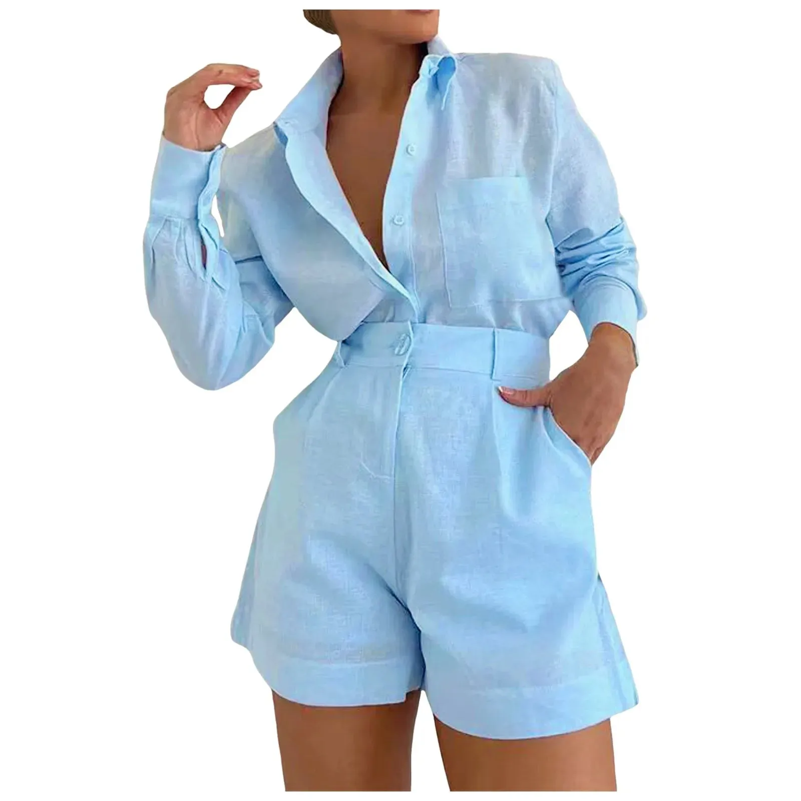 Vacation Fashion Casual Cotton Blend Summer Solid Color Lapel Shirt Sexy Women's Set