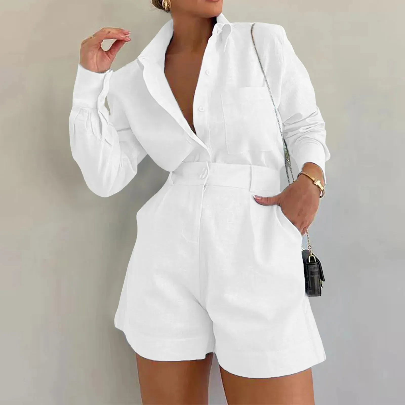 Vacation Fashion Casual Cotton Blend Summer Solid Color Lapel Shirt Sexy Women's Set