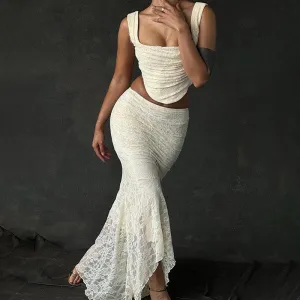 Vintage Cream Lace Corset Top and Skirt Set with Backless Bandage Midi Dress