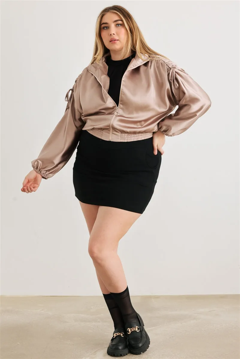 Voluptuous ( ) Plus Satin Zip-up Ruched Long Sleeve Cropped Bomber Jacket - 4 colors