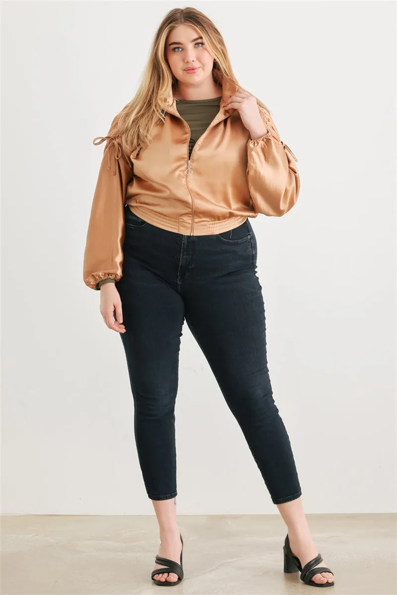 Voluptuous ( ) Plus Satin Zip-up Ruched Long Sleeve Cropped Bomber Jacket - 4 colors