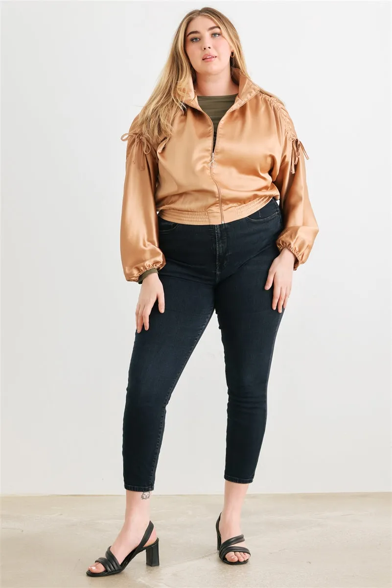 Voluptuous ( ) Plus Satin Zip-up Ruched Long Sleeve Cropped Bomber Jacket - 4 colors