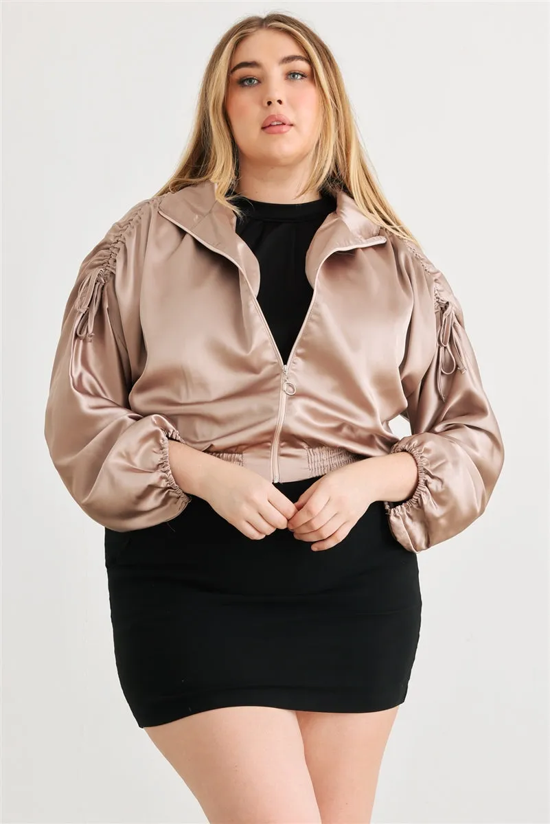 Voluptuous ( ) Plus Satin Zip-up Ruched Long Sleeve Cropped Bomber Jacket - 4 colors