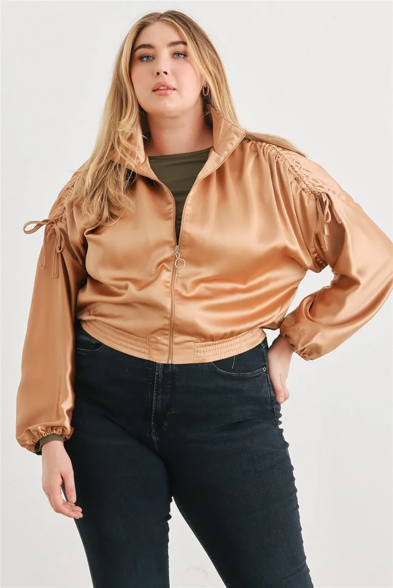 Voluptuous ( ) Plus Satin Zip-up Ruched Long Sleeve Cropped Bomber Jacket - 4 colors