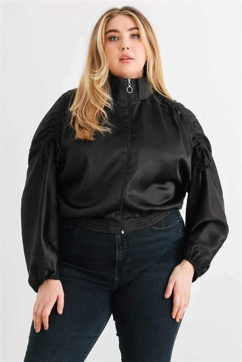 Voluptuous ( ) Plus Satin Zip-up Ruched Long Sleeve Cropped Bomber Jacket - 4 colors