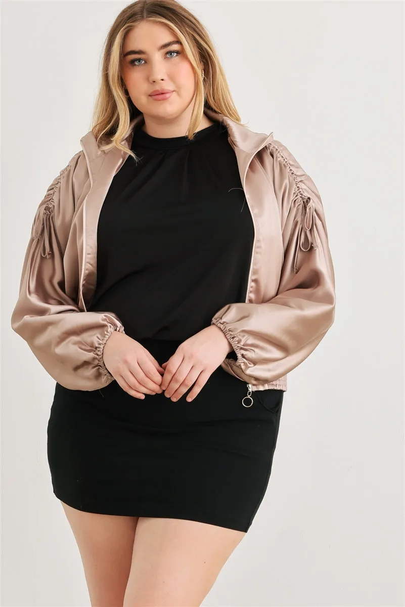 Voluptuous ( ) Plus Satin Zip-up Ruched Long Sleeve Cropped Bomber Jacket - 4 colors