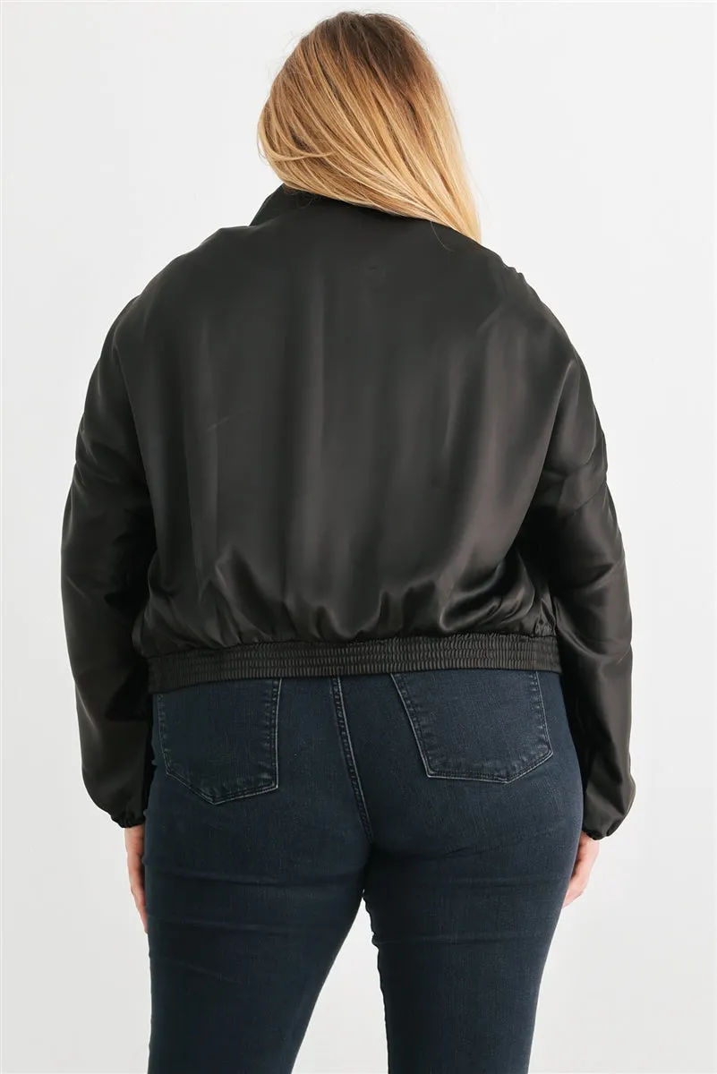 Voluptuous ( ) Plus Satin Zip-up Ruched Long Sleeve Cropped Bomber Jacket - 4 colors