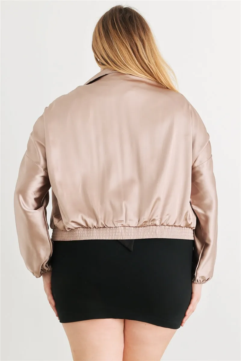 Voluptuous ( ) Plus Satin Zip-up Ruched Long Sleeve Cropped Bomber Jacket - 4 colors