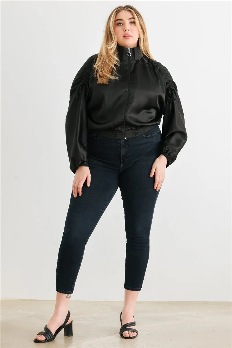 Voluptuous ( ) Plus Satin Zip-up Ruched Long Sleeve Cropped Bomber Jacket - 4 colors