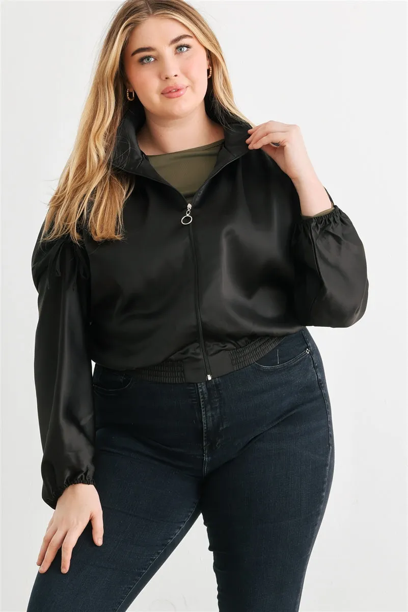 Voluptuous ( ) Plus Satin Zip-up Ruched Long Sleeve Cropped Bomber Jacket - 4 colors