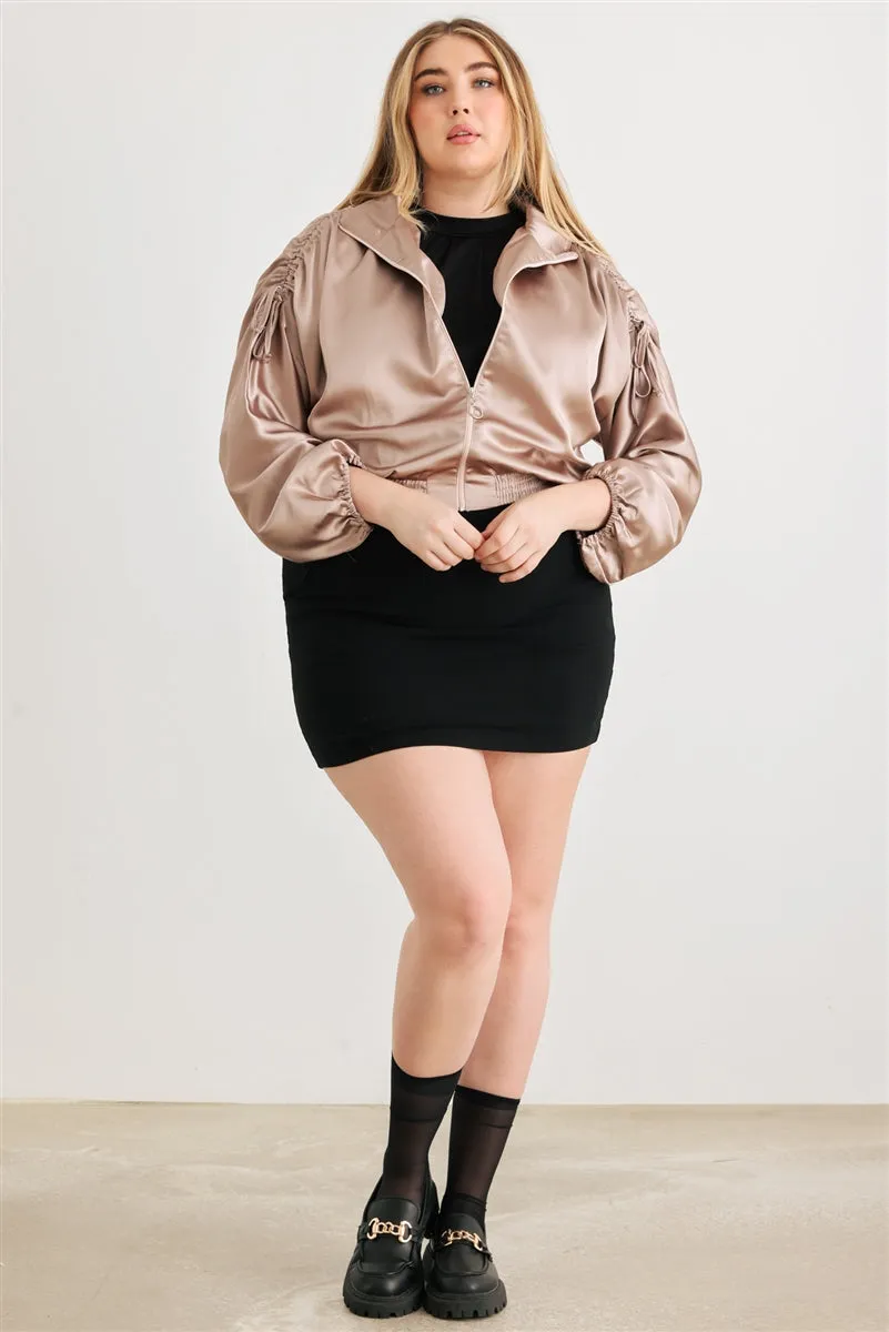 Voluptuous ( ) Plus Satin Zip-up Ruched Long Sleeve Cropped Bomber Jacket - 4 colors