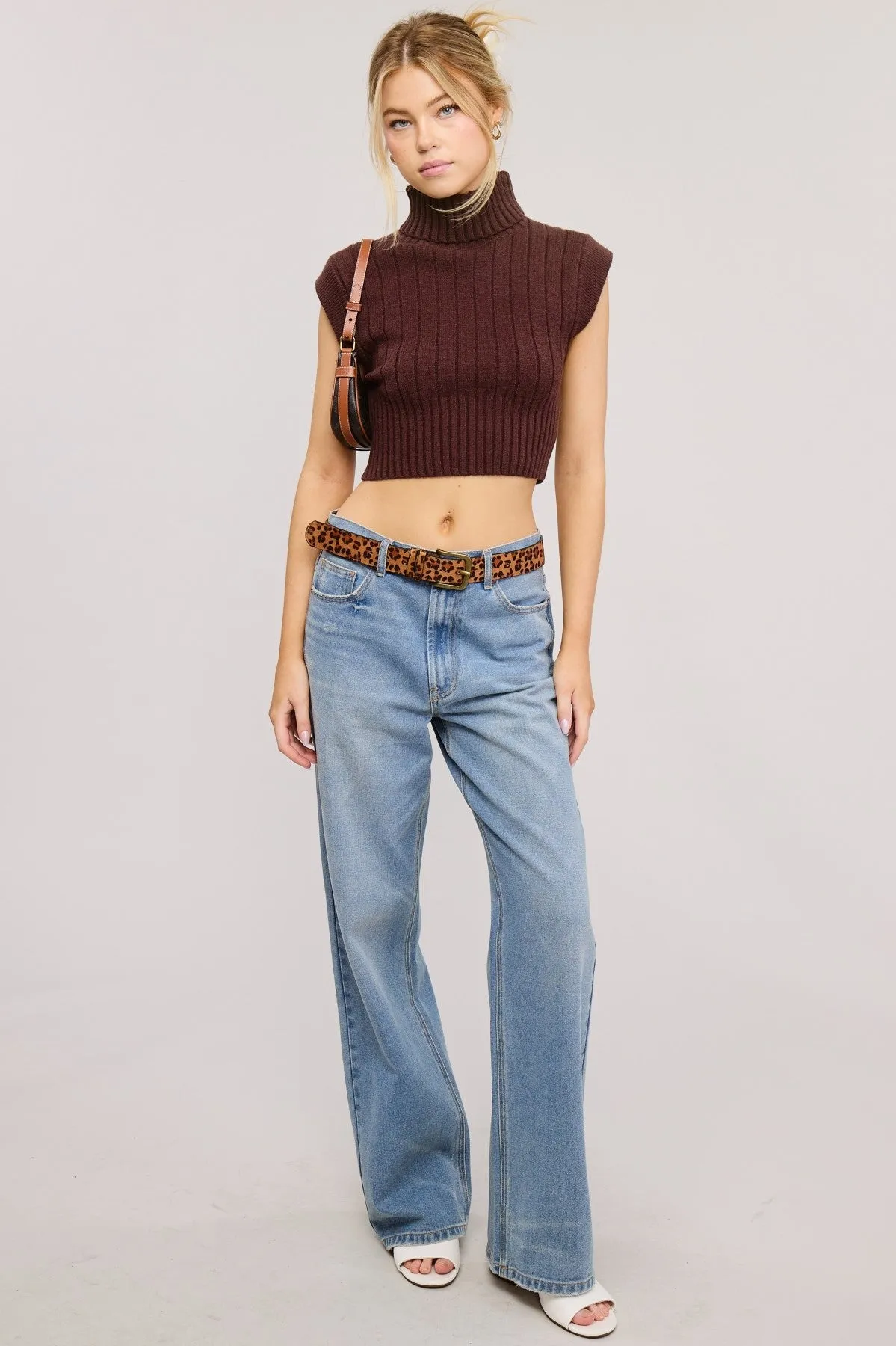 Walnut Soft Ribbed High Neck Crop Sweater Top