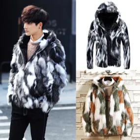 Warm Faux Fur Coat Hooded Fleece Lined Jacket Zip Parka for Men | B288-MJ046